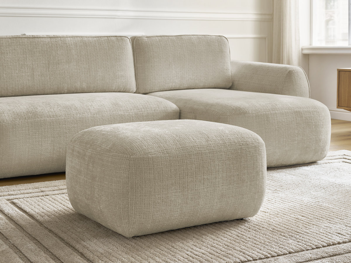 Bobochic Denise Ecksofa mit Schlaffunktion und Bettkasten und Pouf 258 × 160 cm Strukturstoff Beige Ecke rechts