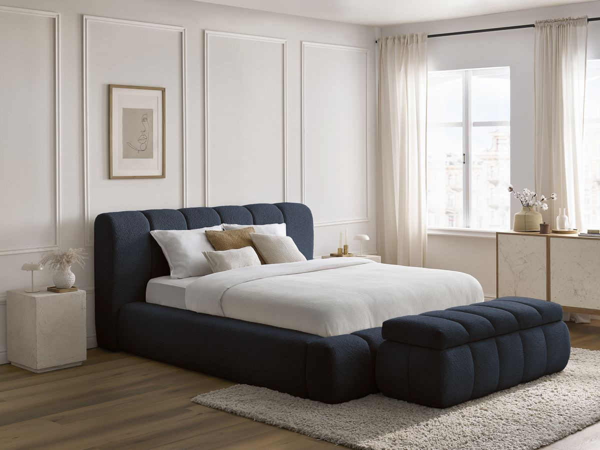 Bobochic Denali Polsterbett mit Bettkasten mit Bettbank Bouclé-Stoff Dunkelblau, Liegefläche 140 × 190 cm