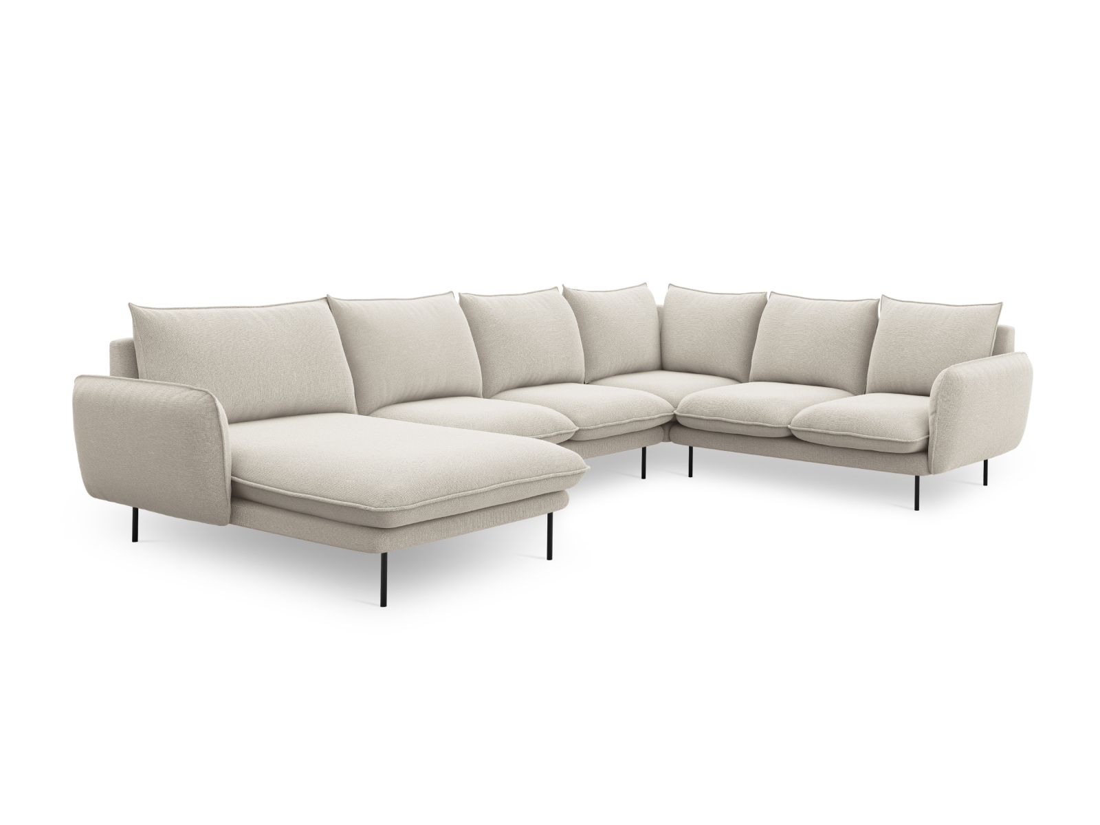 Cosmopolitan Design Panoramasofa Vienna 7-Sitzer Strukturierter Stoff Positano Helles Beige Rechts Beine Schwarzes Metall