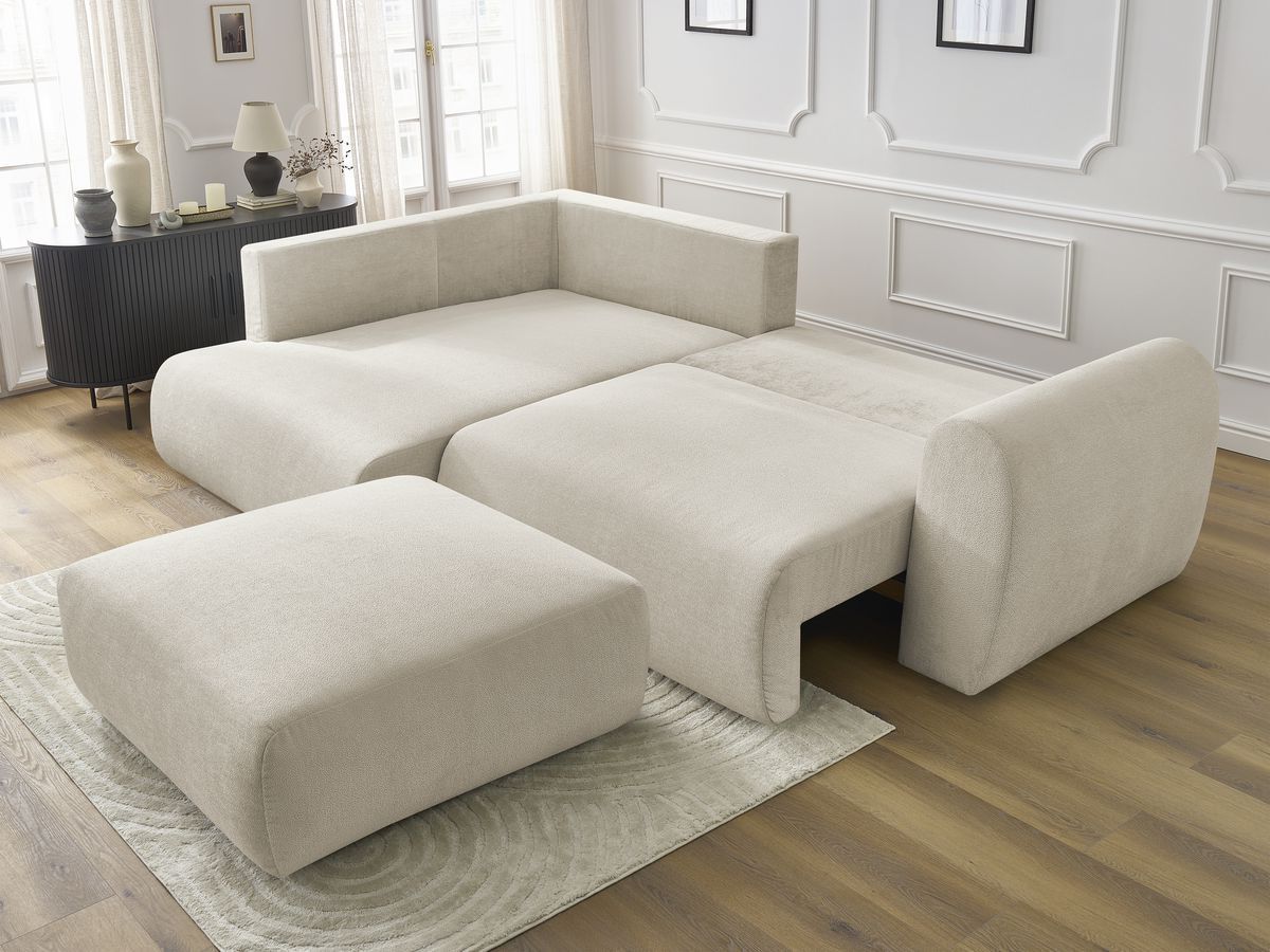 Bobochic Lucien Ecksofa mit Schlaffunktion und Bettkasten und Pouf 296 × 198 cm Stoff Beige Ecke links