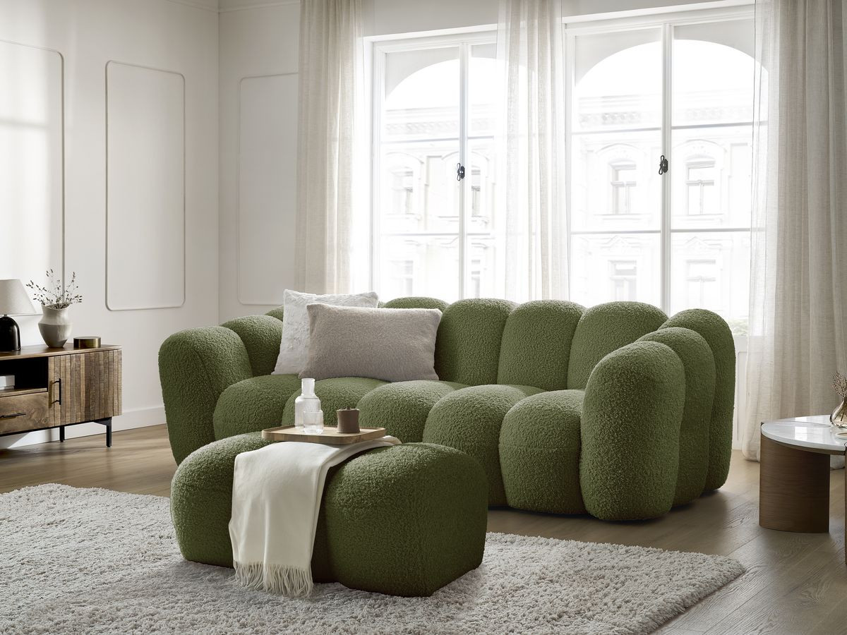 Bobochic Hippolyte Sofa 3-Sitzer mit Pouf Bouclé-Stoff Grün