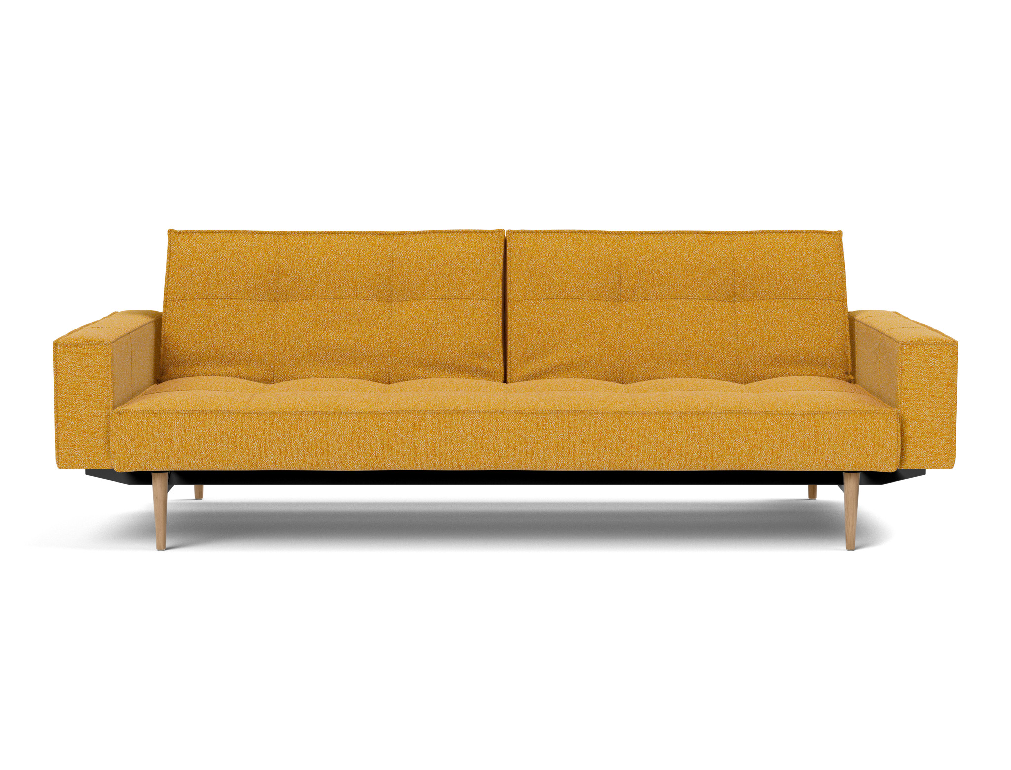 Schlafsofa Splitback mit Armlehnen Boucle Skandi 536-Ochre Beine Styletto Eiche hell