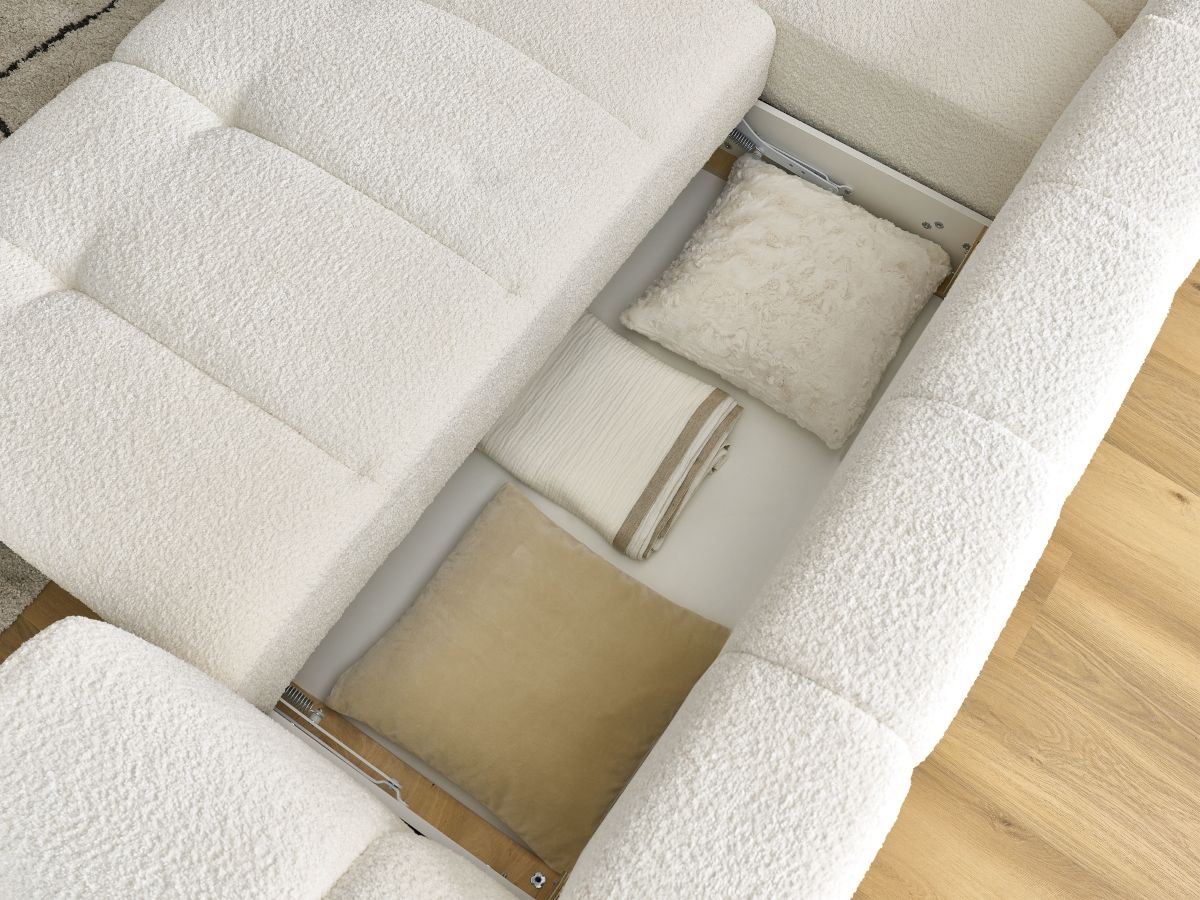 Bobochic Fuji Ecksofa mit Schlaffunktion und Bettkasten und Pouf 282 × 204 cm Bouclé-Stoff Weiß Ecke links