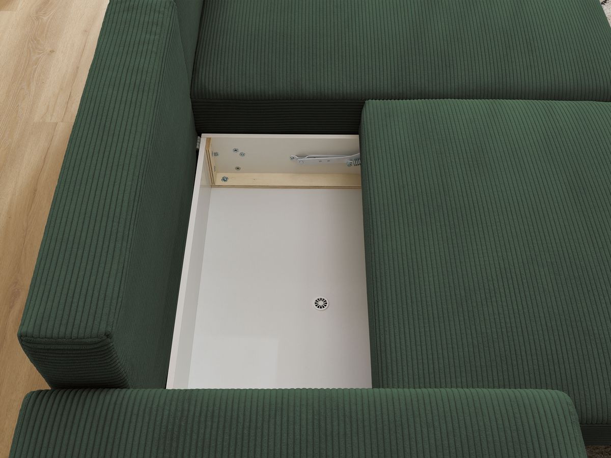 Bobochic Atilla Ecksofa mit Schlaffunktion und Bettkasten Cordsamt Dunkelgrün Ecke rechts