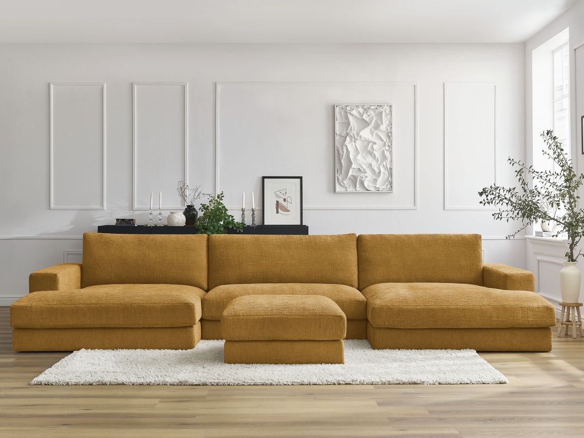 Bobochic Leonard Wohnlandschaft mit Pouf 349 × 159 cm Strukturstoff Gelb