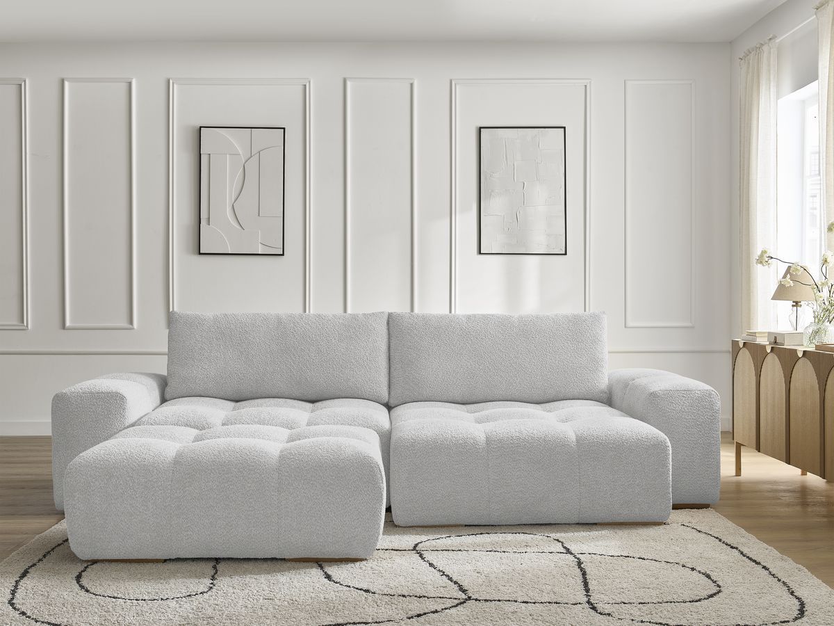 Bobochic Anakin Ecksofa mit Schlaffunktion und Bettkasten und Pouf, 2 Kissen Bouclé-Stoff Hellgrau