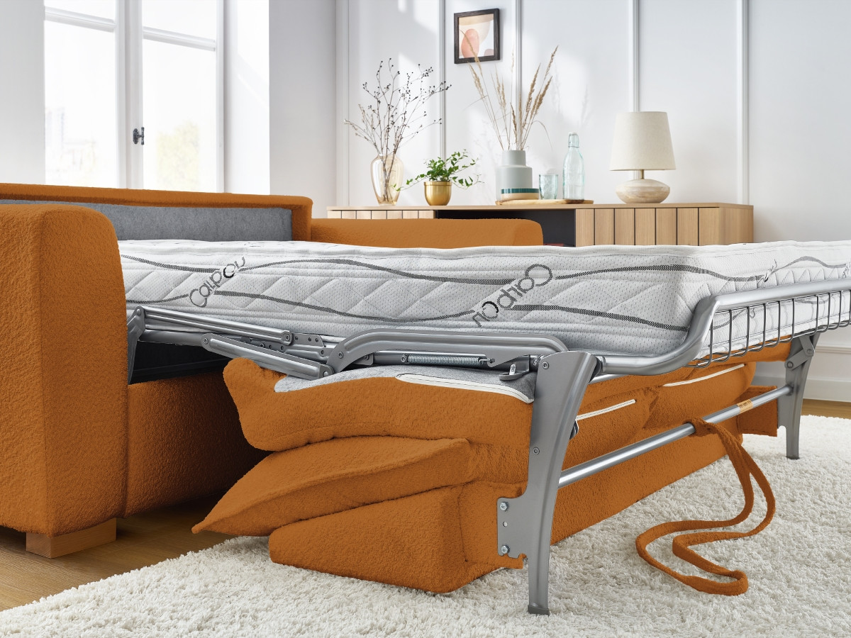 Bobochic Augustin Schlafsofa 3-Sitzer Bouclé-Stoff Gelb, Liegefläche 140 × 200 cm