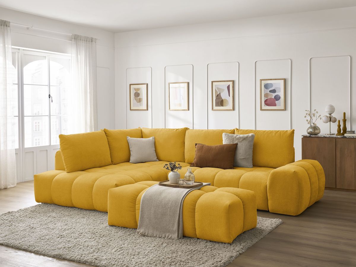 Bobochic Everest Ecksofa mit Schlaffunktion und Bettkasten und Pouf 320 × 212 cm, 5 Kissen Strukturstoff Gelb Ecke links