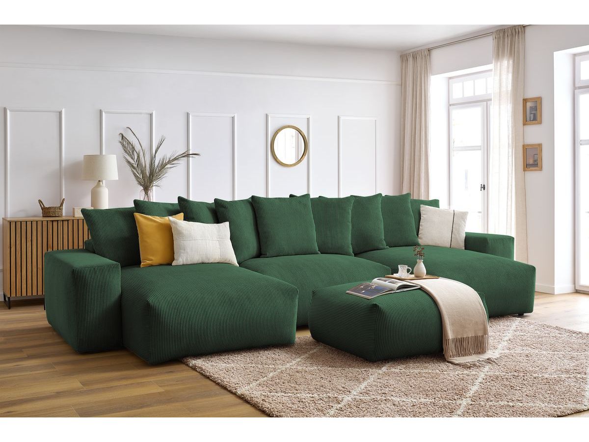 Bobochic Voltaire Wohnlandschaft mit Pouf 420 × 174 cm, Liegefläche 135 × 345 cm Cordsamt Grün