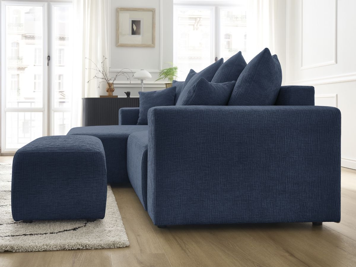 Bobochic Atilla Ecksofa mit Schlaffunktion und Bettkasten und Pouf Strukturstoff Dunkelblau Ecke links
