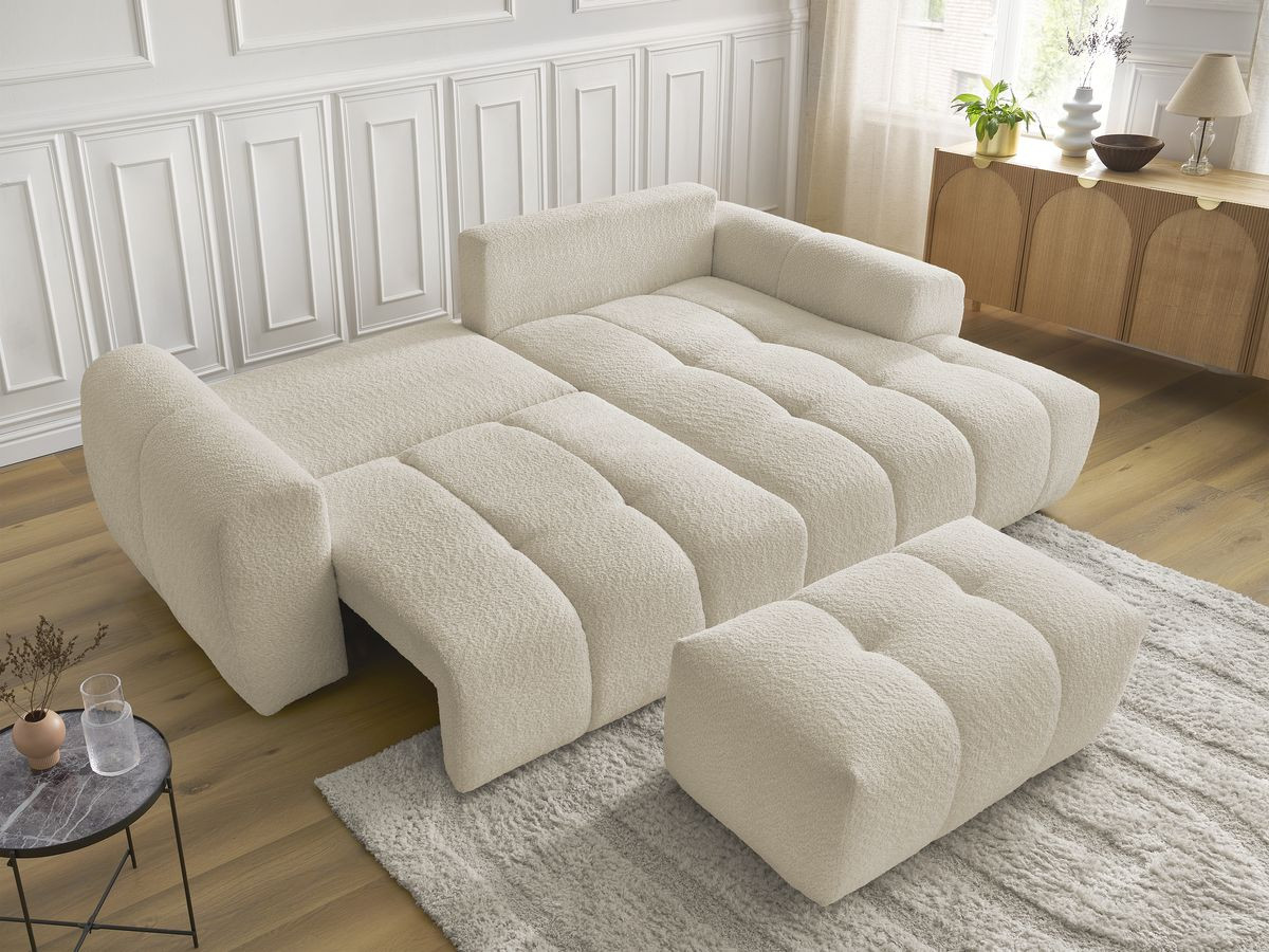 Bobochic Roxelane Ecksofa mit Schlaffunktion und Bettkasten und Pouf 258 × 150 cm Bouclé-Stoff Beige Ecke rechts