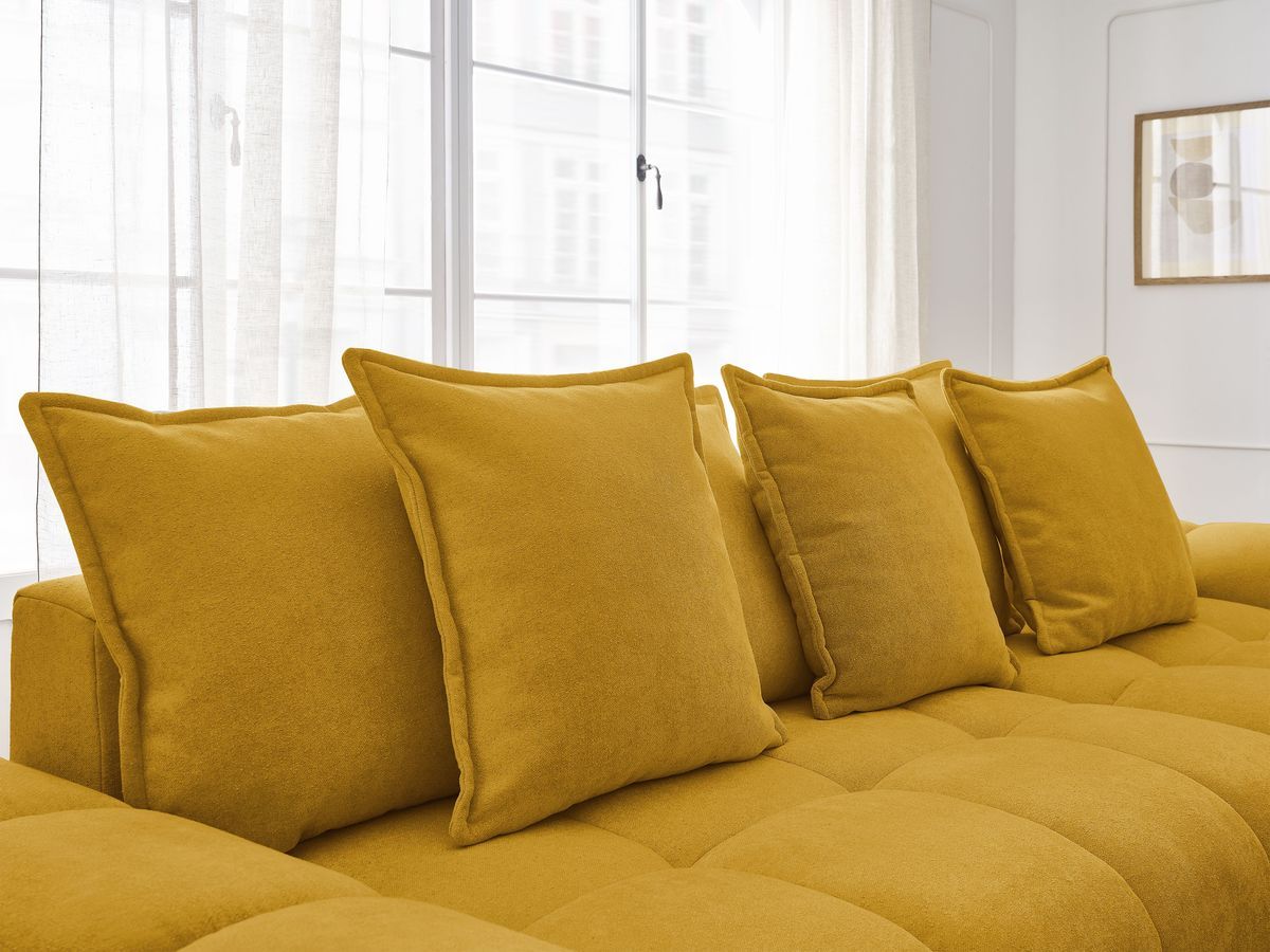 Bobochic Everest Ecksofa mit Schlaffunktion und Bettkasten und Pouf 318 × 180 cm, 7 Kissen Strukturstoff Gelb Ecke rechts