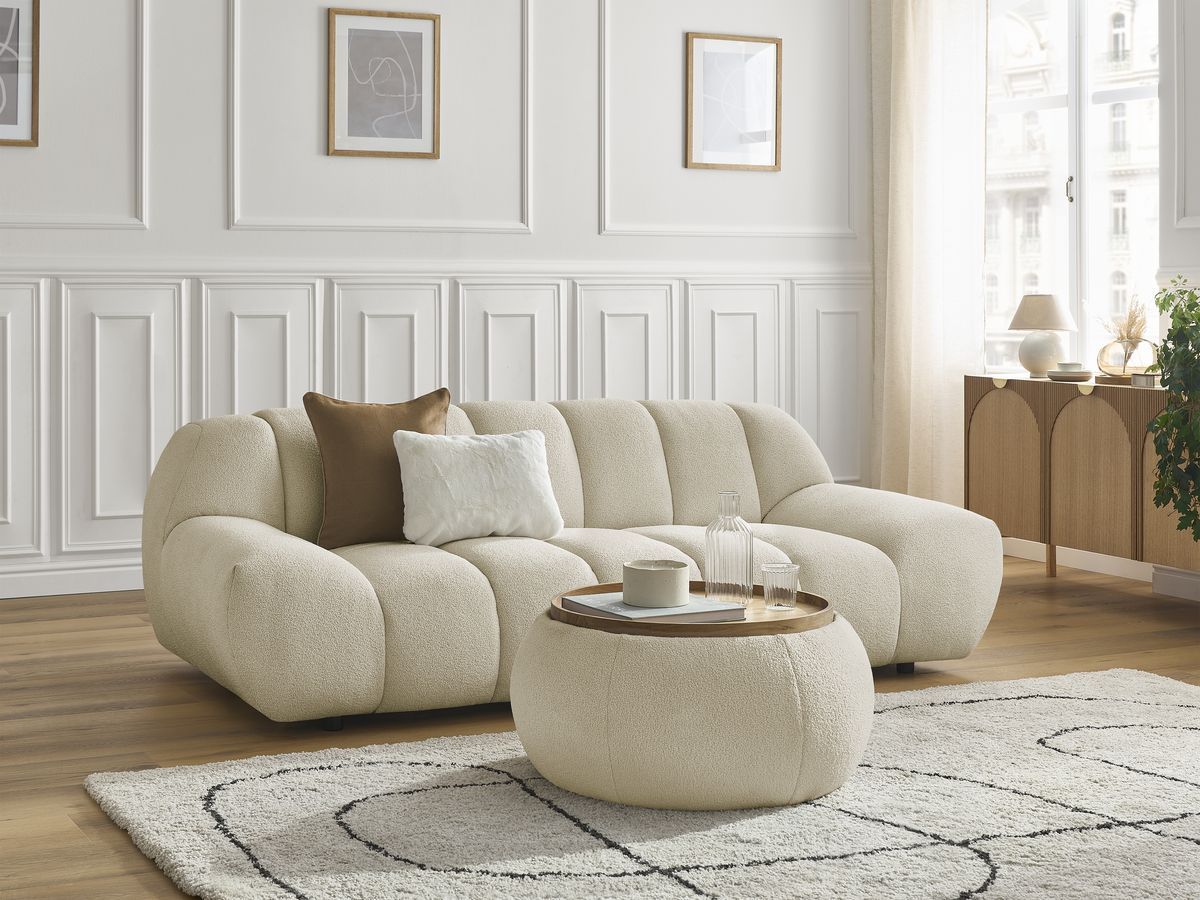 Bobochic Hayden Sofa 2-Sitzer mit Pouf Bouclé-Stoff Beige