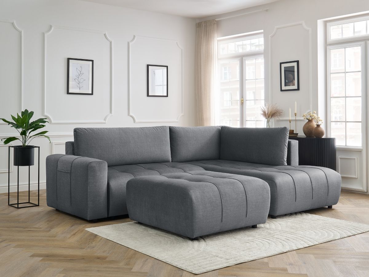 Bobochic Arsene Ecksofa mit Schlaffunktion und Bettkasten und Pouf 277 × 200 cm Samt Dunkelgrau Ecke rechts