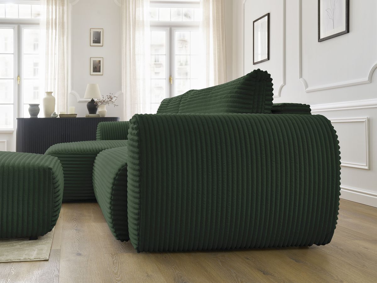Bobochic Lucien Ecksofa mit Schlaffunktion und Bettkasten und Pouf 314 × 167 cm Breitcord weich Grün Ecke links