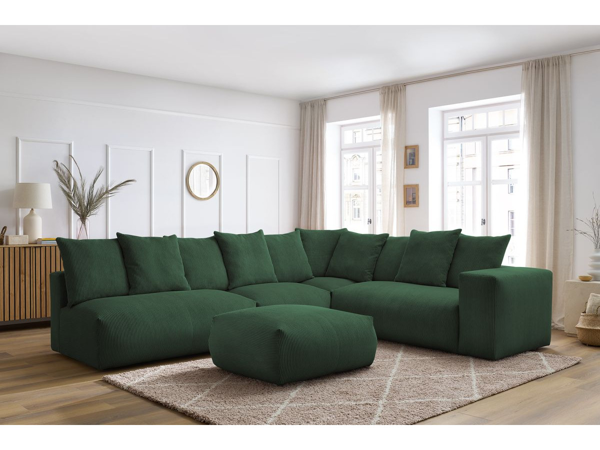 Bobochic Voltaire Ecksofa mit Pouf 322 × 268 cm Cordsamt Grün Ecke rechts