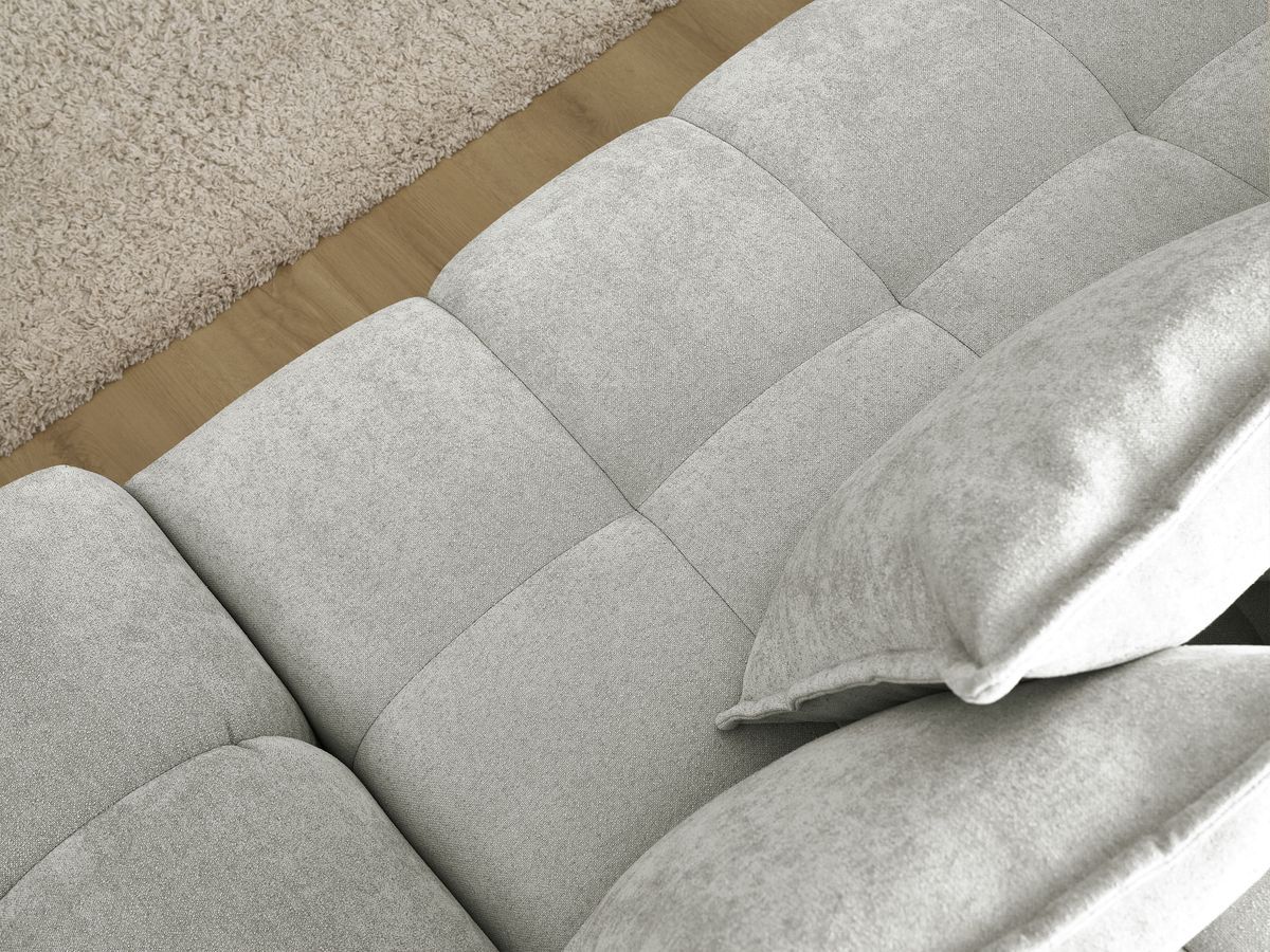 Bobochic Everest Ecksofa mit Schlaffunktion und Bettkasten und Pouf 318 × 180 cm, 7 Kissen Strukturstoff Hellgrau Ecke links