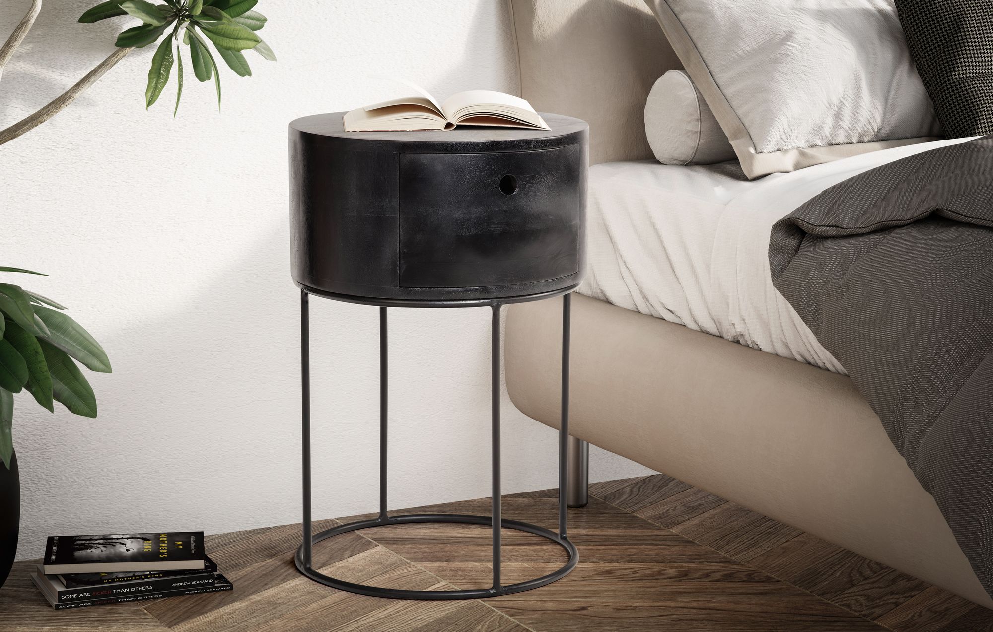 Nachttisch Hamnvik Massivholz Schwarz Ø 40 cm