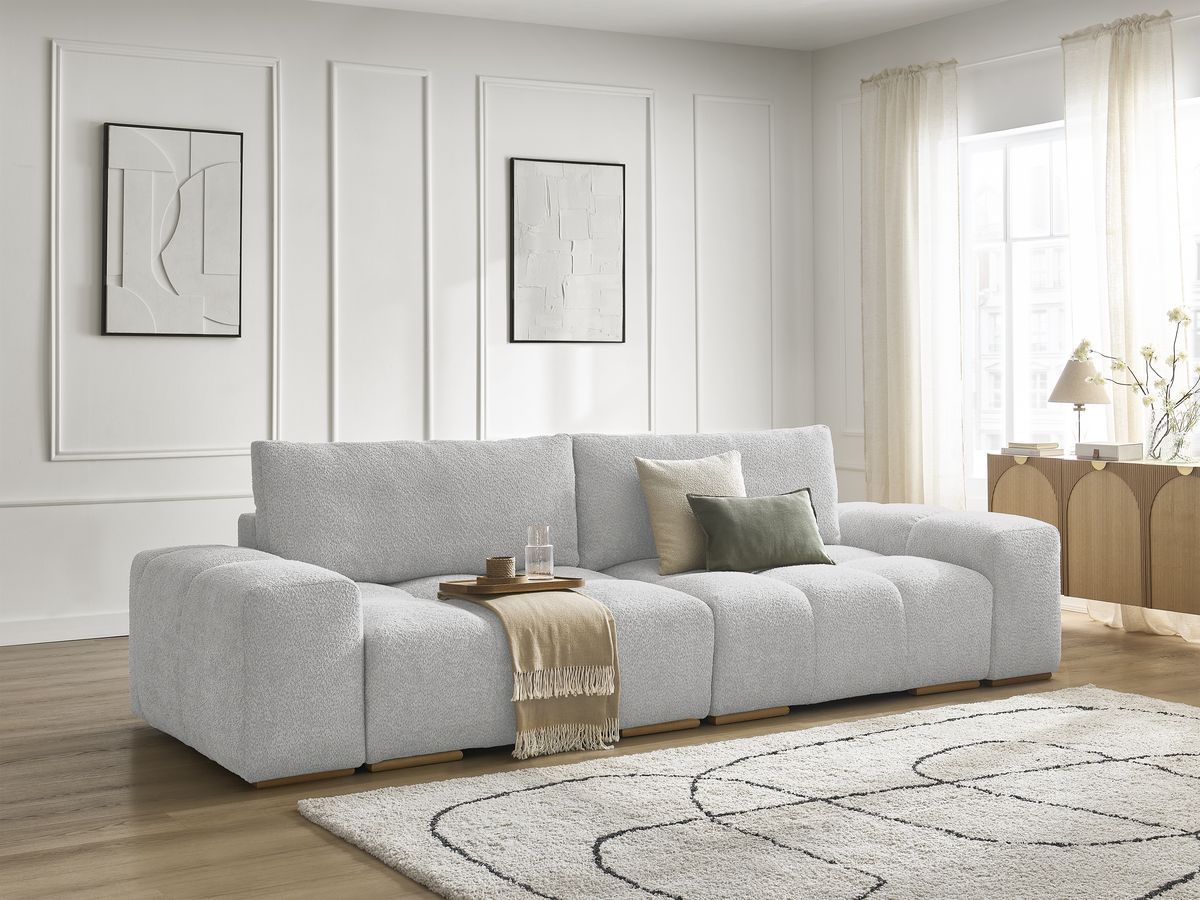 Bobochic Anakin Sofa 3-Sitzer, 2 Kissen Bouclé-Stoff Hellgrau