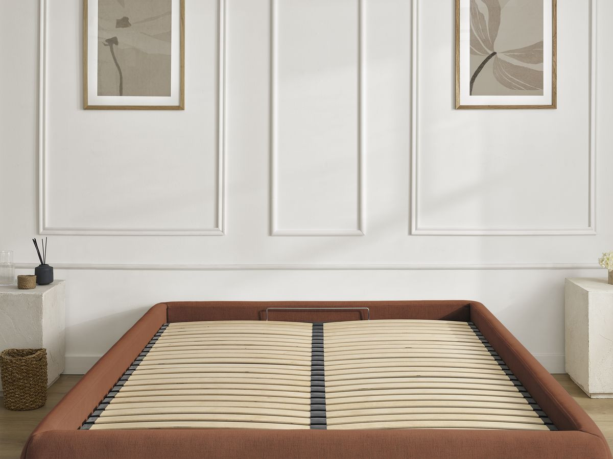 Bobochic Inera Bettgestell mit Bettkasten, ohne Kopfteil Stoff Orange, Liegefläche 140 × 190 cm