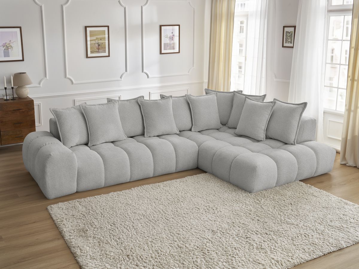 Bobochic Everest Ecksofa, 10 Kissen Melange-Stoff Hellgrau Ecke rechts