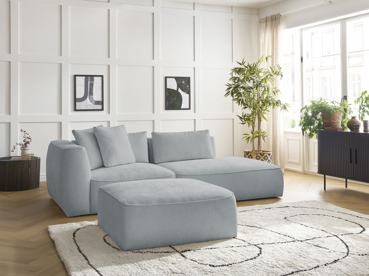 Bobochic Leopold Sofa 4-Sitzer mit Pouf Strukturstoff Hellgrau Armlehne links