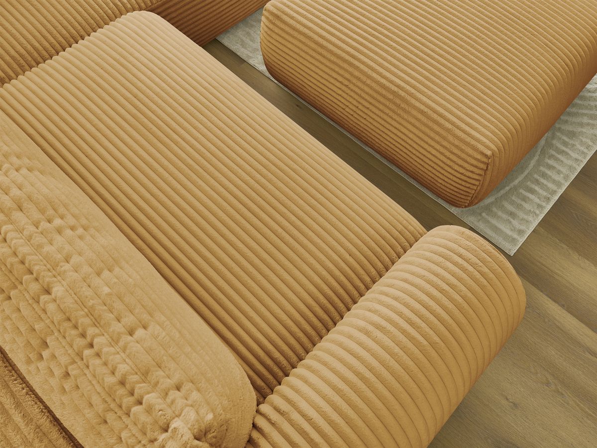 Bobochic Lucien Ecksofa mit Schlaffunktion und Bettkasten und Pouf 296 × 198 cm Breitcord weich Gelb Ecke rechts