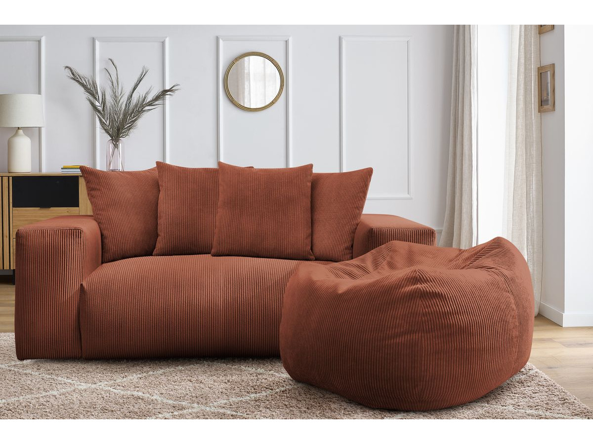 Bobochic Voltaire Sofa 2-Sitzer mit Pouf Cordsamt Orange