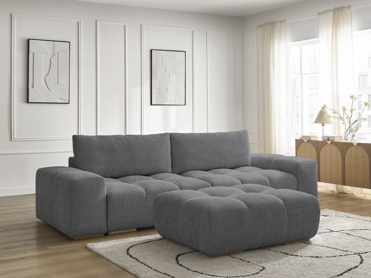 Bobochic Anakin Sofa 3-Sitzer mit Pouf, 2 Kissen Bouclé-Stoff Dunkelgrau