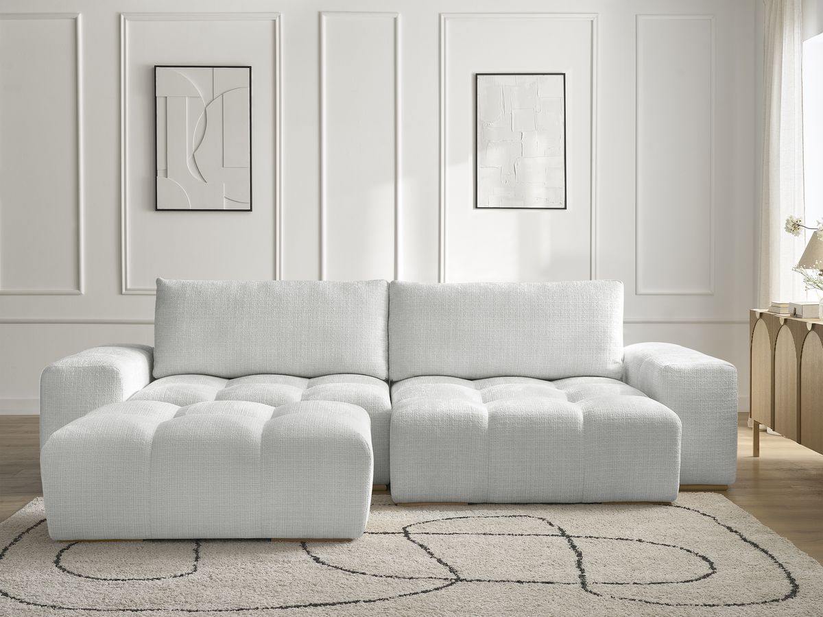 Bobochic Anakin Ecksofa mit Schlaffunktion und Bettkasten und Pouf, 2 Kissen Strukturstoff Hellgrau
