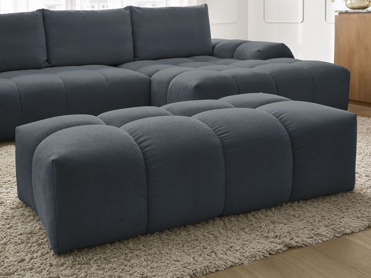 Bobochic Everest Ecksofa mit Schlaffunktion und Bettkasten und Pouf 318 × 180 cm, 3 Kissen Strukturstoff Blau Ecke rechts
