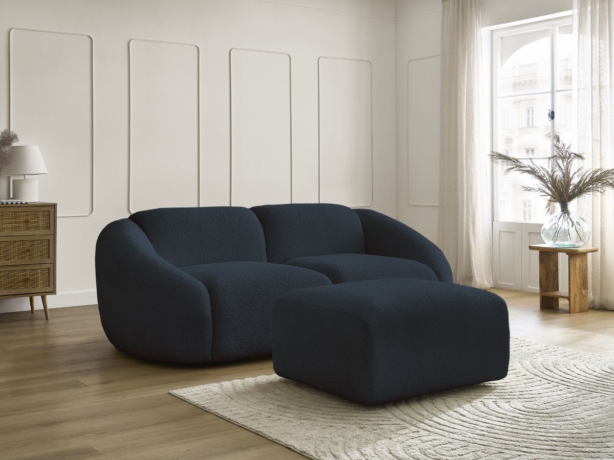 Bobochic Tina Sofa 3-Sitzer mit Pouf Bouclé-Stoff Dunkelblau