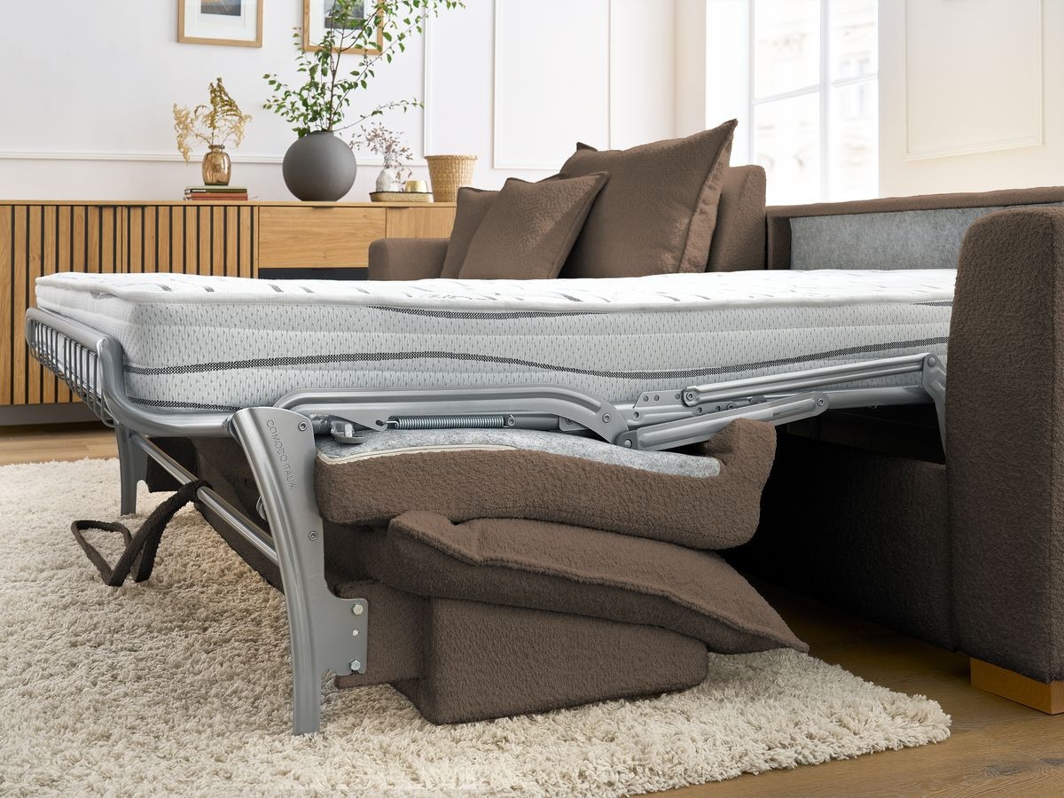 Bobochic Augustin Ecksofa mit Schlaffunktion und Bettkasten Bouclé-Stoff Braun, Liegefläche 140 × 200 cm