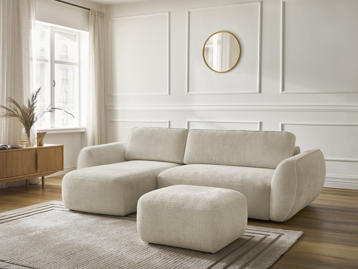 Bobochic Denise Ecksofa mit Schlaffunktion und Bettkasten und Pouf 258 × 160 cm Strukturstoff Beige Ecke links