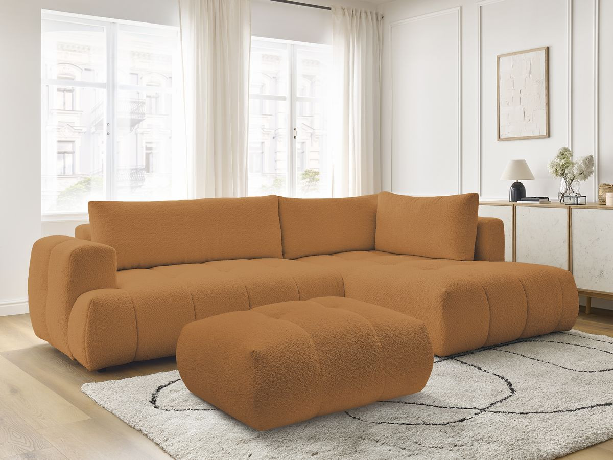 Bobochic Fuji Ecksofa mit Schlaffunktion und Bettkasten und Pouf 282 × 204 cm Bouclé-Stoff Gelb Ecke rechts