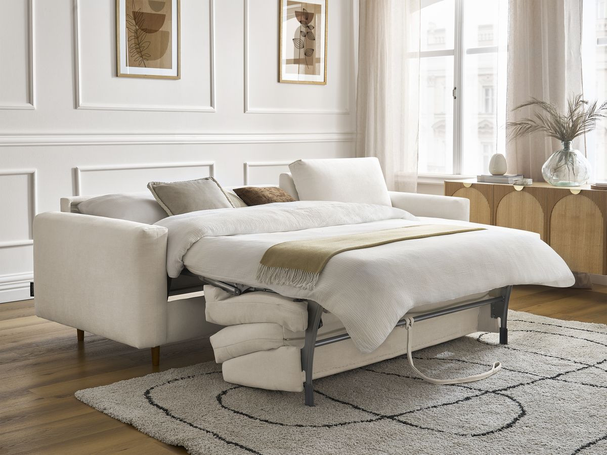 Bobochic Cocoone Ecksofa mit Schlaffunktion und Bettkasten Stoff Beige, Liegefläche 160 × 200 cm