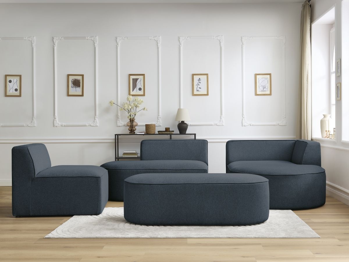 Bobochic Rousseau Ecksofa mit Sofamodul und Pouf Melange-Stoff Dunkelblau Ecke rechts