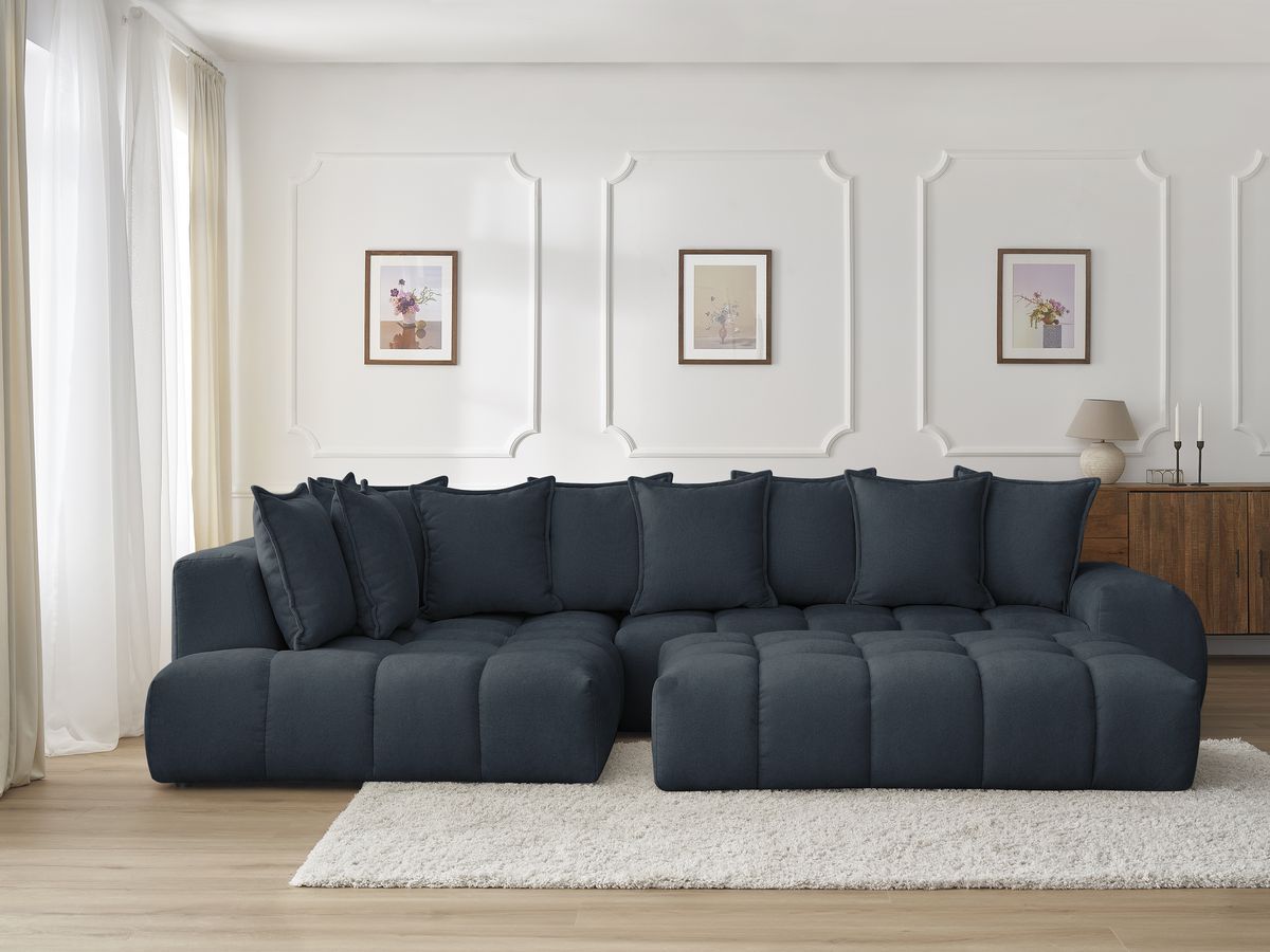 Bobochic Everest Ecksofa mit Schlaffunktion und Pouf, 10 Kissen Strukturstoff Dunkelblau Ecke links