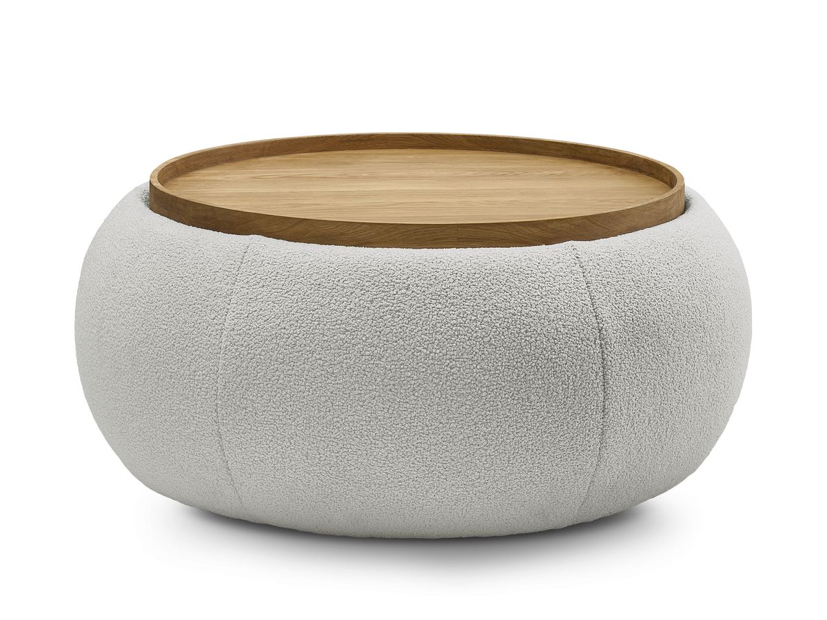 Bobochic Hayden Pouf mit Tablett, rund Bouclé-Stoff Hellgrau, 87 cm