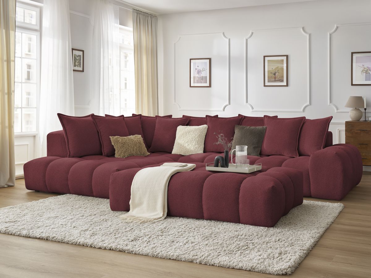 Bobochic Everest Ecksofa mit Schlaffunktion und Pouf, 10 Kissen Melange-Stoff Rot Ecke links