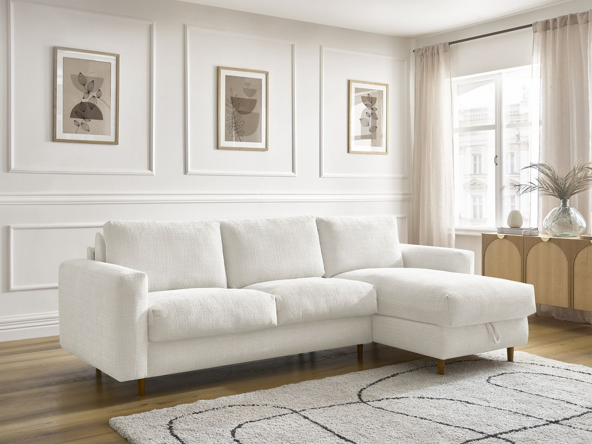 Bobochic Cocoone Ecksofa mit Schlaffunktion und Bettkasten Strukturstoff Weiß, Liegefläche 160 × 200 cm