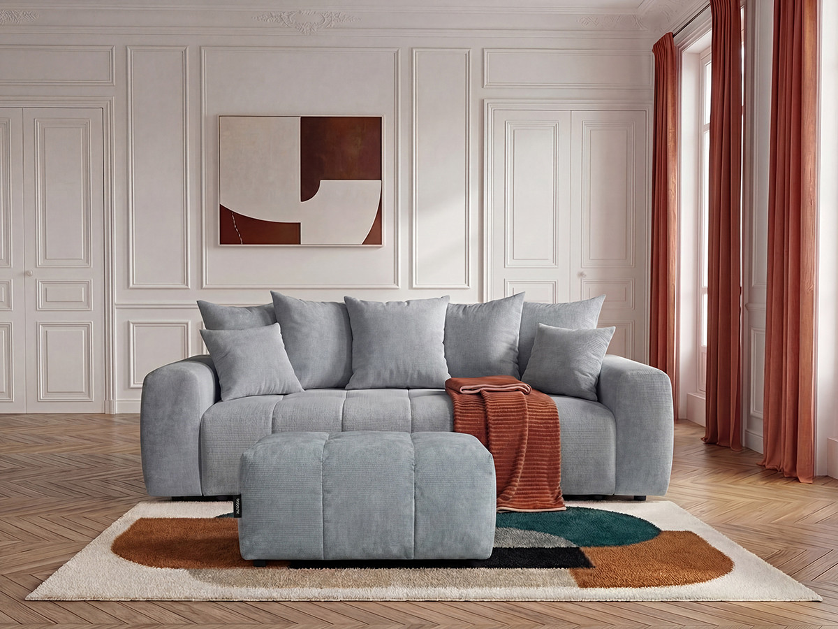 Bobochic Roxelane Schlafsofa 3-Sitzer mit Bettkasten und Pouf Melange-Stoff Hellgrau