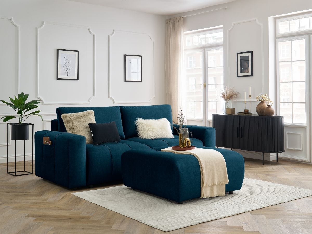 Bobochic Arsene Schlafsofa 4-Sitzer mit Bettkasten und Pouf Samt Blau