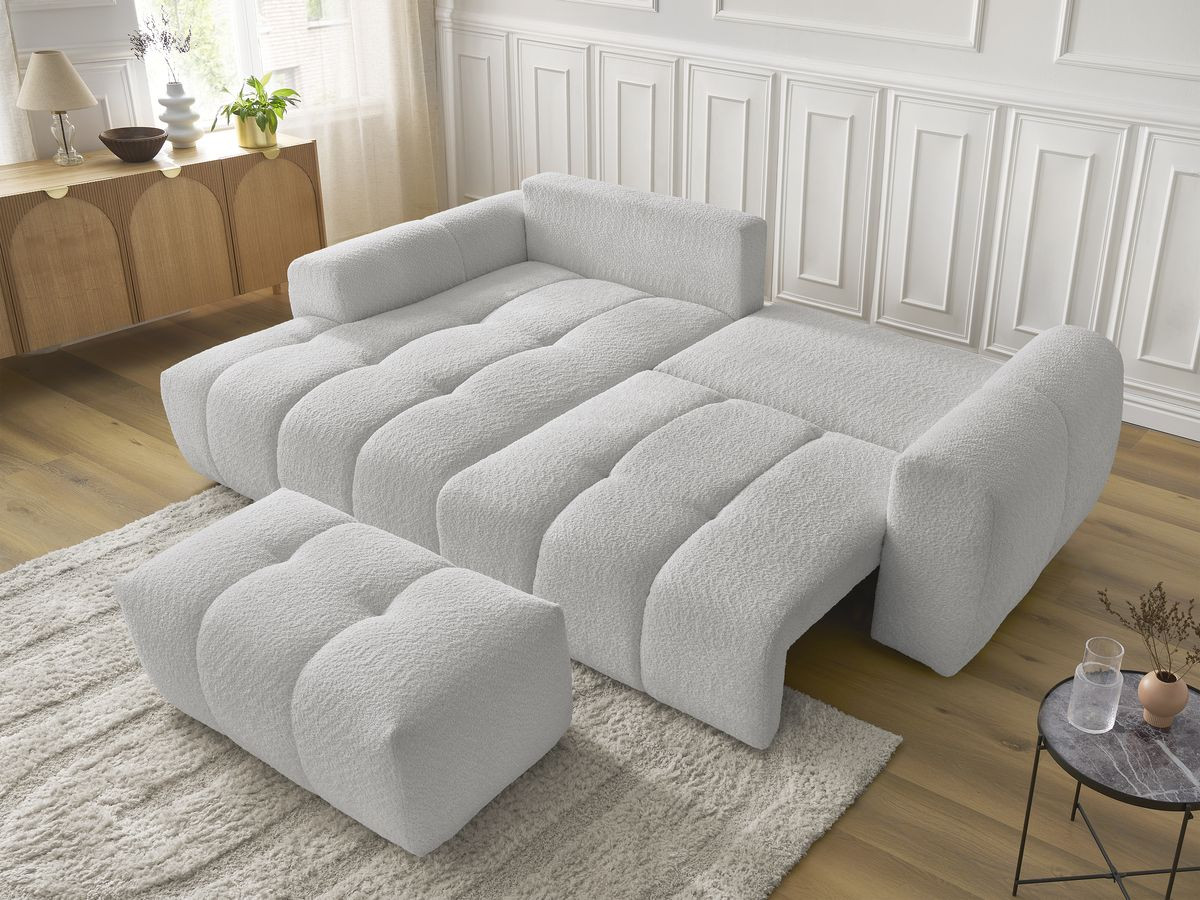 Bobochic Roxelane Ecksofa mit Schlaffunktion und Bettkasten und Pouf 258 × 150 cm Bouclé-Stoff Hellgrau Ecke links