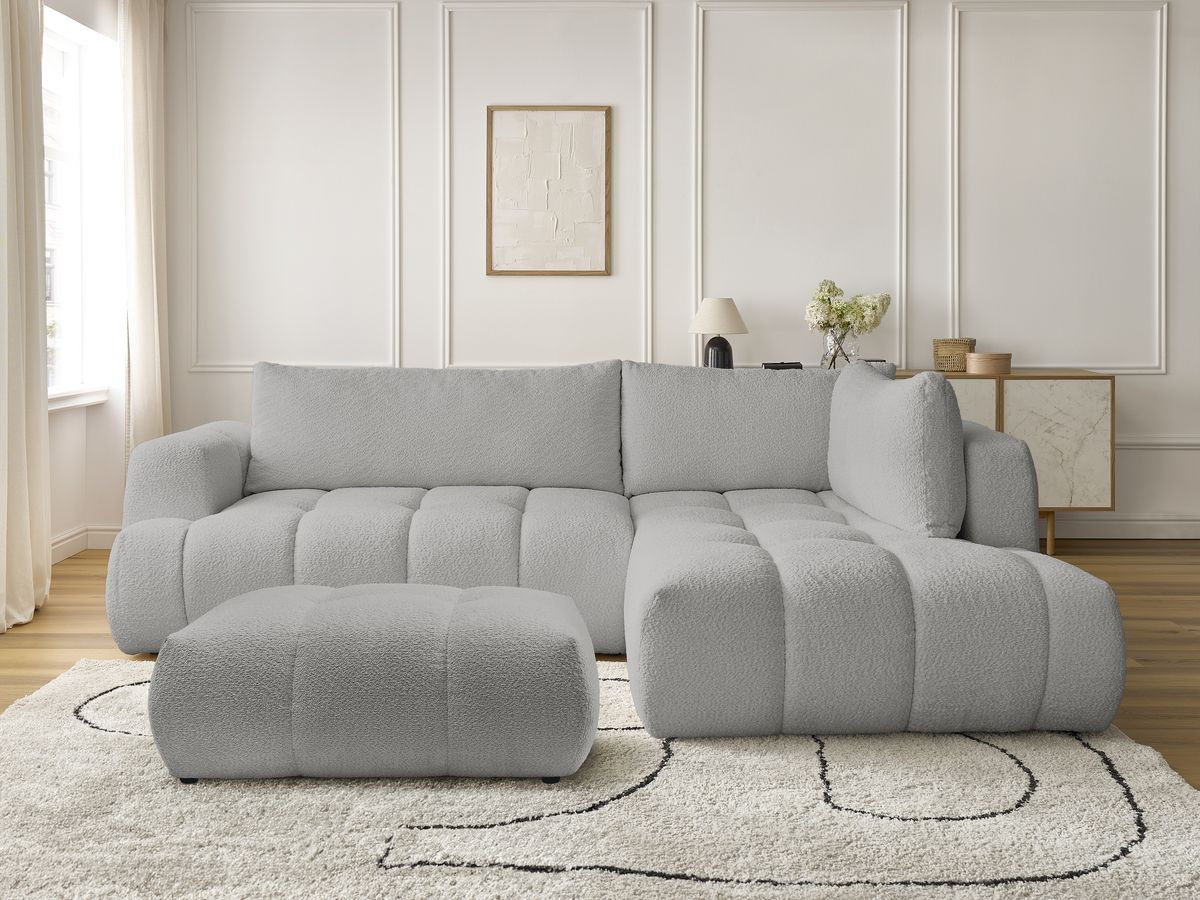 Bobochic Fuji Ecksofa mit Schlaffunktion und Bettkasten und Pouf 282 × 204 cm Bouclé-Stoff Hellgrau Ecke rechts
