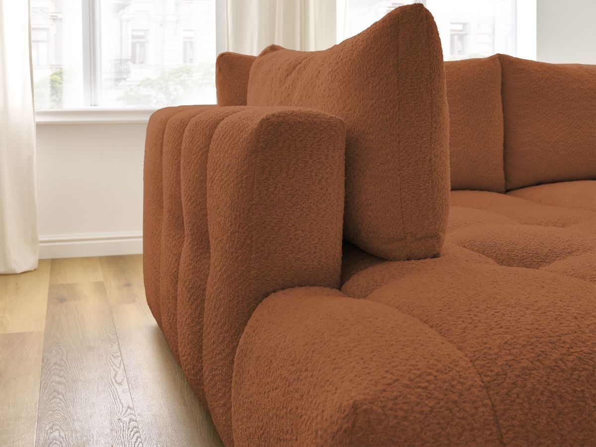 Bobochic Fuji Ecksofa mit Schlaffunktion und Bettkasten und Pouf 282 × 204 cm Bouclé-Stoff Orange Ecke links