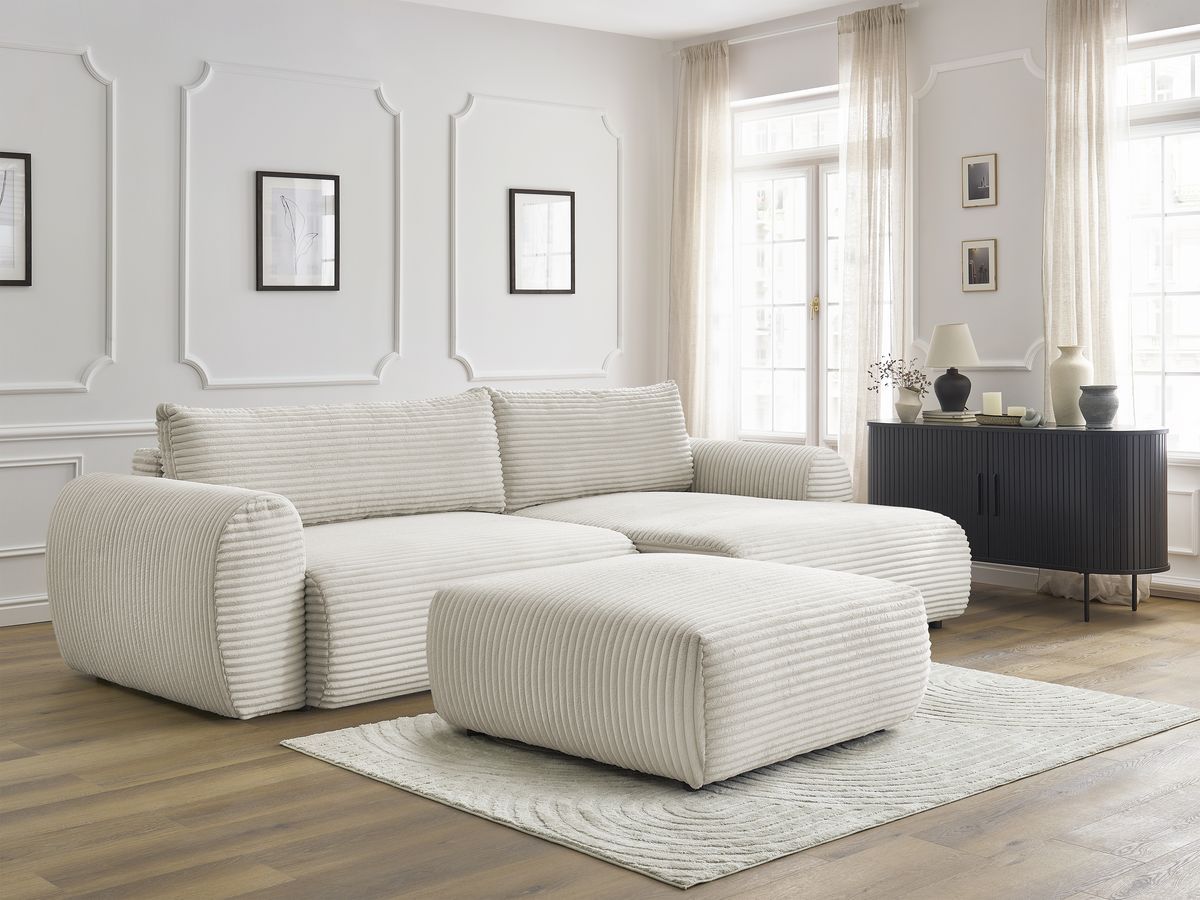 Bobochic Lucien Ecksofa mit Schlaffunktion und Bettkasten und Pouf 314 × 167 cm Breitcord weich Beige Ecke rechts