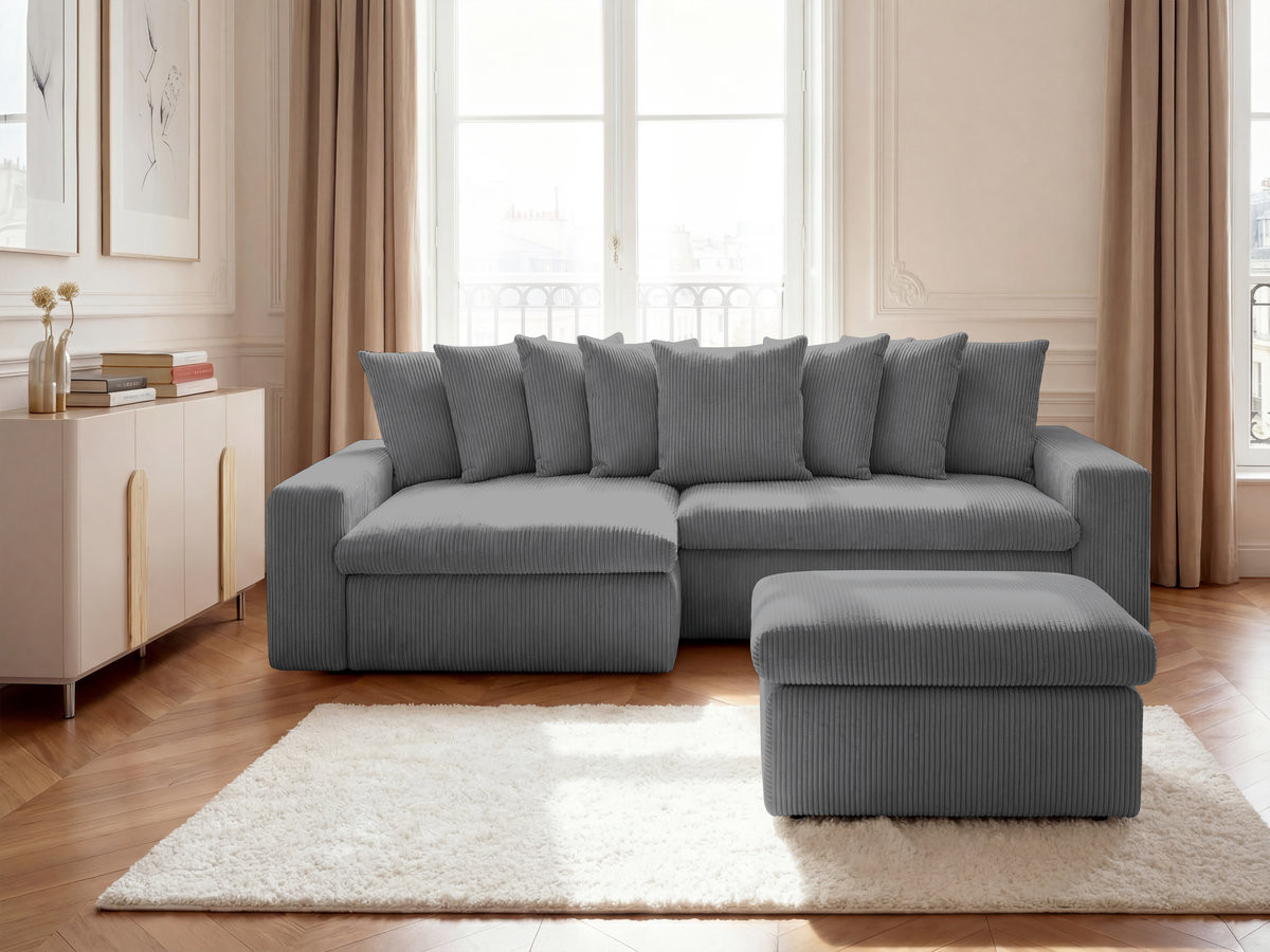 Bobochic Enore Ecksofa mit Pouf Cordsamt Dunkelgrau Ecke links