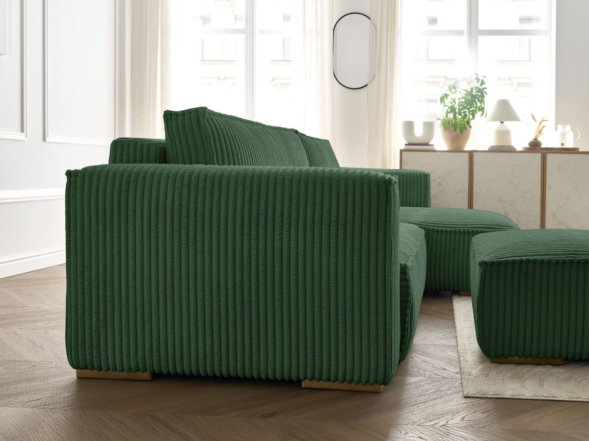 Bobochic Chelsea Ecksofa mit Schlaffunktion und Bettkasten und Pouf Breitcord weich Grün