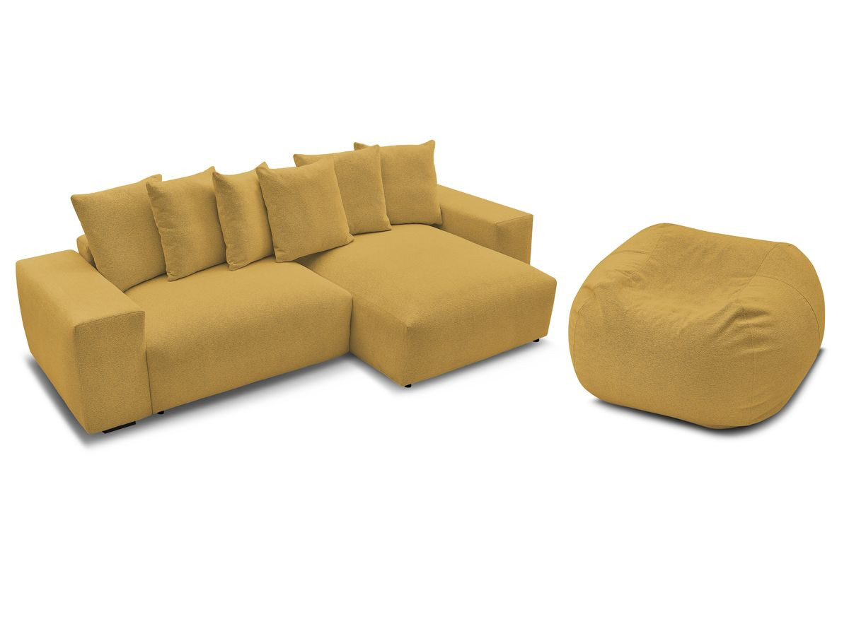 Bobochic Voltaire Ecksofa mit Schlaffunktion und Bettkasten und Pouf Melange-Stoff Gelb
